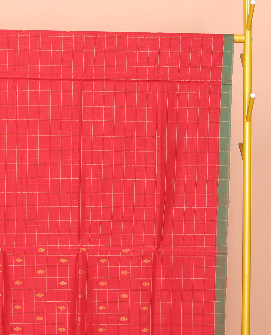 Red Venkatagiri Cotton Saree Features Buttas and Checks, a Contrast Traditional Zari Border, Pallu of Stripes, and No Blouse