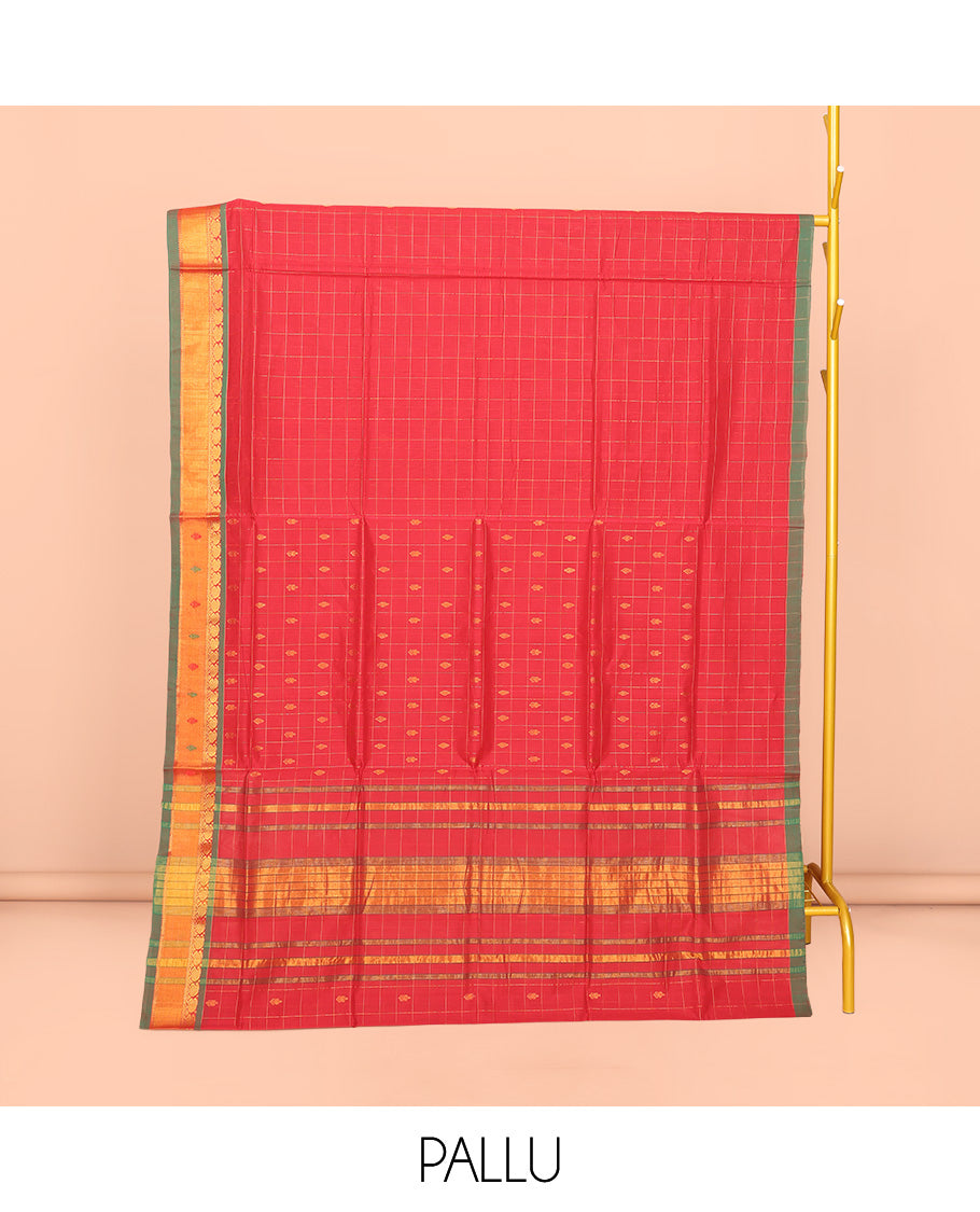 Red Venkatagiri Cotton Saree Features Buttas and Checks, a Contrast Traditional Zari Border, Pallu of Stripes, and No Blouse