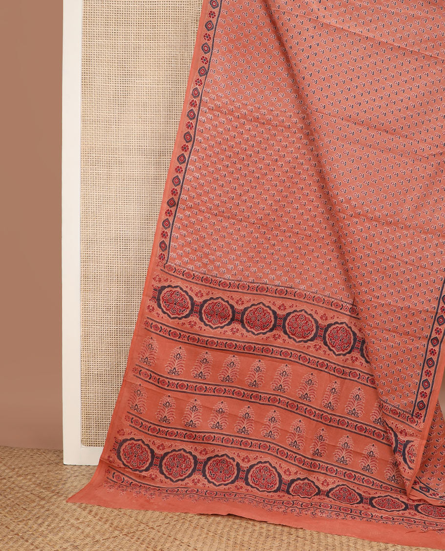 Light orange floral motifs printed mul mul cotton saree, ajrakh printed border & ajrakh printed pallu