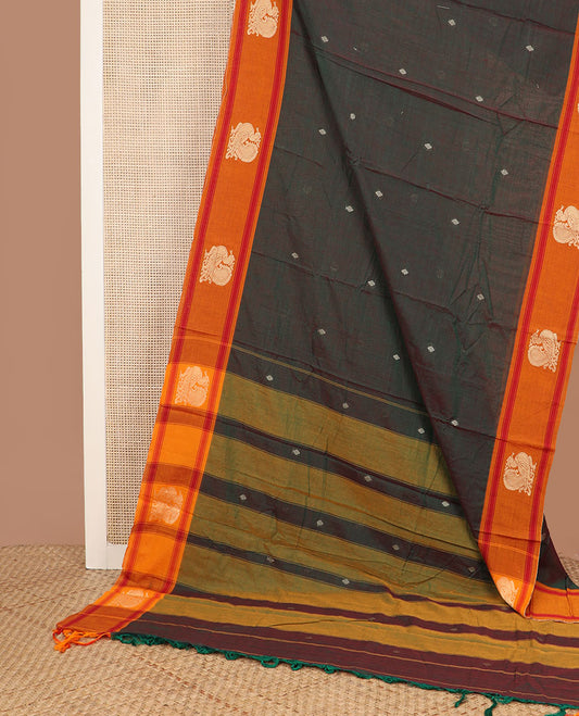 Green dual-tone buttas Narayanpet cotton saree, contrast peacock design border & striped pallu
