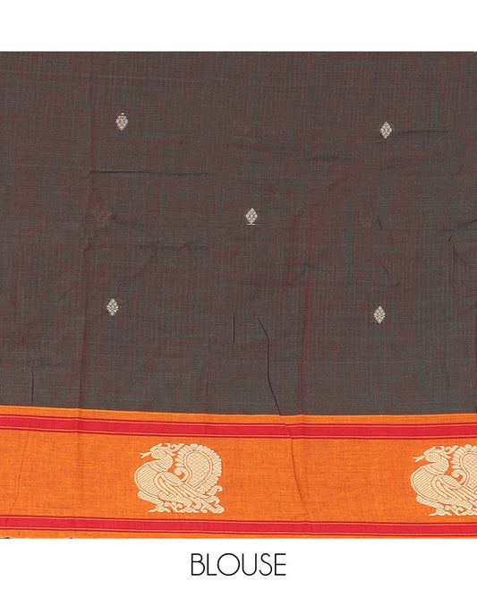 Green dual-tone buttas Narayanpet cotton saree, contrast peacock design border & striped pallu