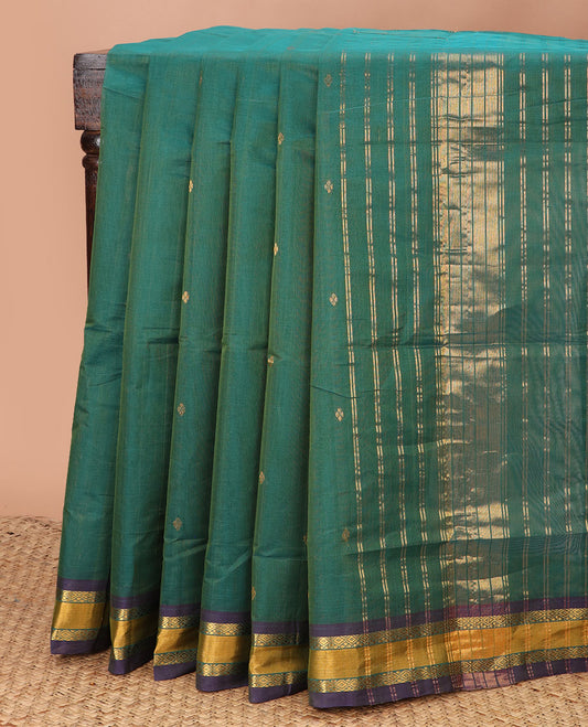 Tree green zari buttas Venkatagiri cotton saree, contrast traditional zari border, and striped pallu