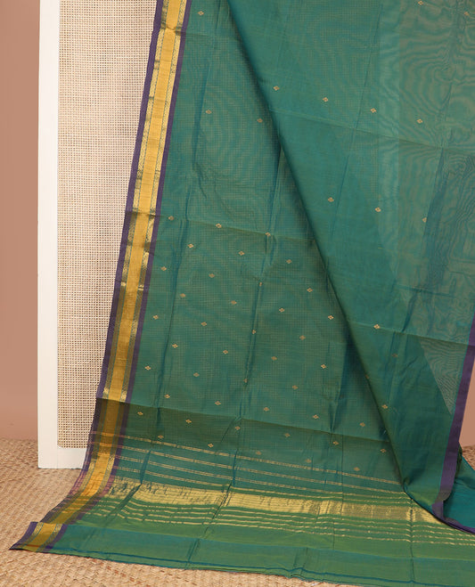 Tree green zari buttas Venkatagiri cotton saree, contrast traditional zari border, and striped pallu