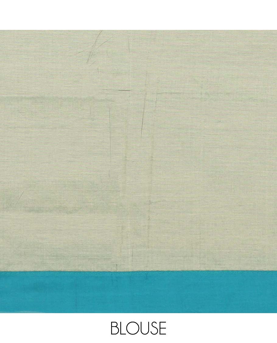 Blue unique motifs printed poly cotton saree, contrast floral-paisley border, and butta enclosed jaal pallu