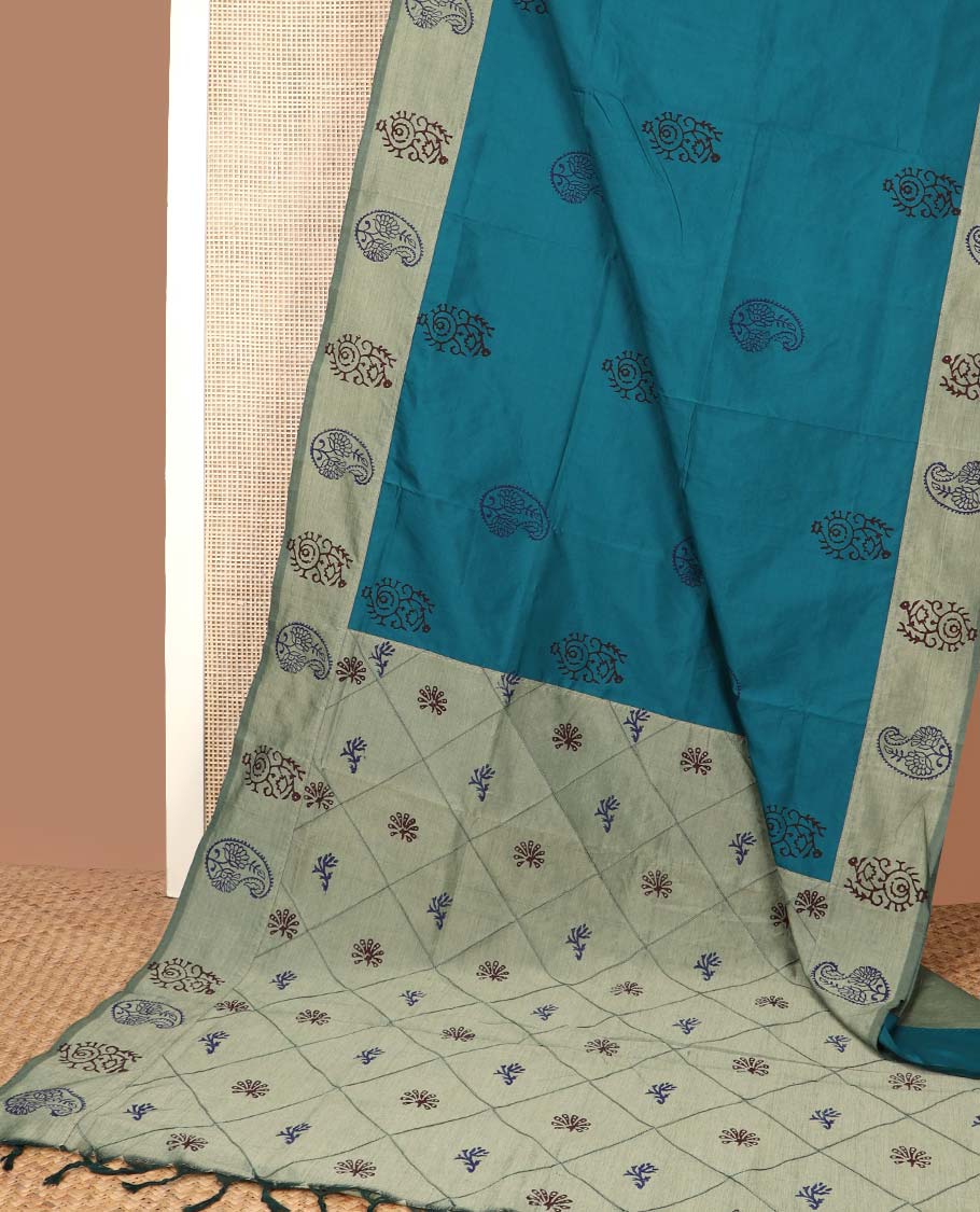 Blue unique motifs printed poly cotton saree, contrast floral-paisley border, and butta enclosed jaal pallu