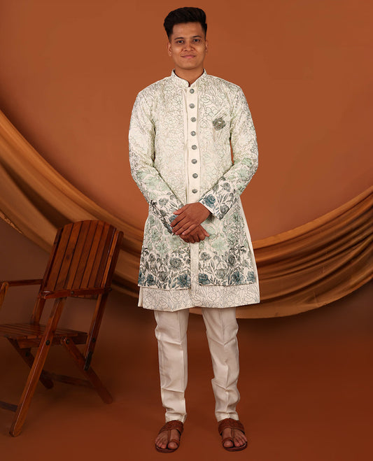 Cream Floral Vine-Themed Embroidered Full-Sleeved Men's Kurta Comes with Matching Pants
