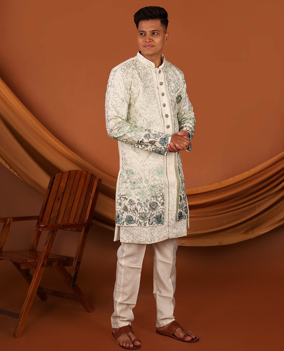 Cream Floral Vine-Themed Embroidered Full-Sleeved Men's Kurta Comes with Matching Pants