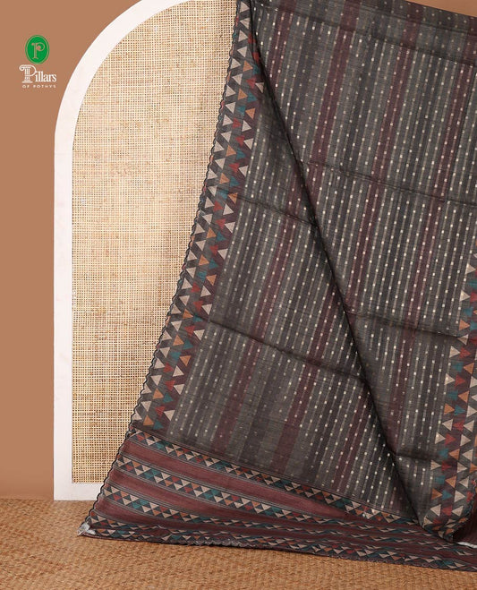 Olive green zari dobby-style buttas semi-tusser saree,multi-color triangle motif printed scallop border & pallu with zari striped blouse