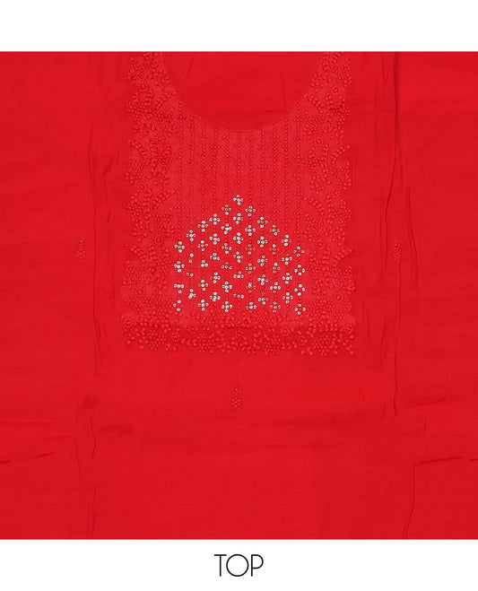 Red material chudidar set, self-color thread and sequins embroidered top, plain bottom and sequins work dupatta