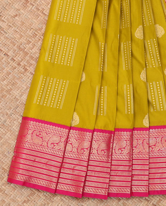 Green Budget Silk Saree, Styled with Zari Buttas, a Contrast Traditional Zari Border, Grand Pallu, and a Contrast Blouse