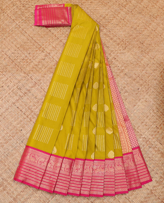 Green Budget Silk Saree, Styled with Zari Buttas, a Contrast Traditional Zari Border, Grand Pallu, and a Contrast Blouse