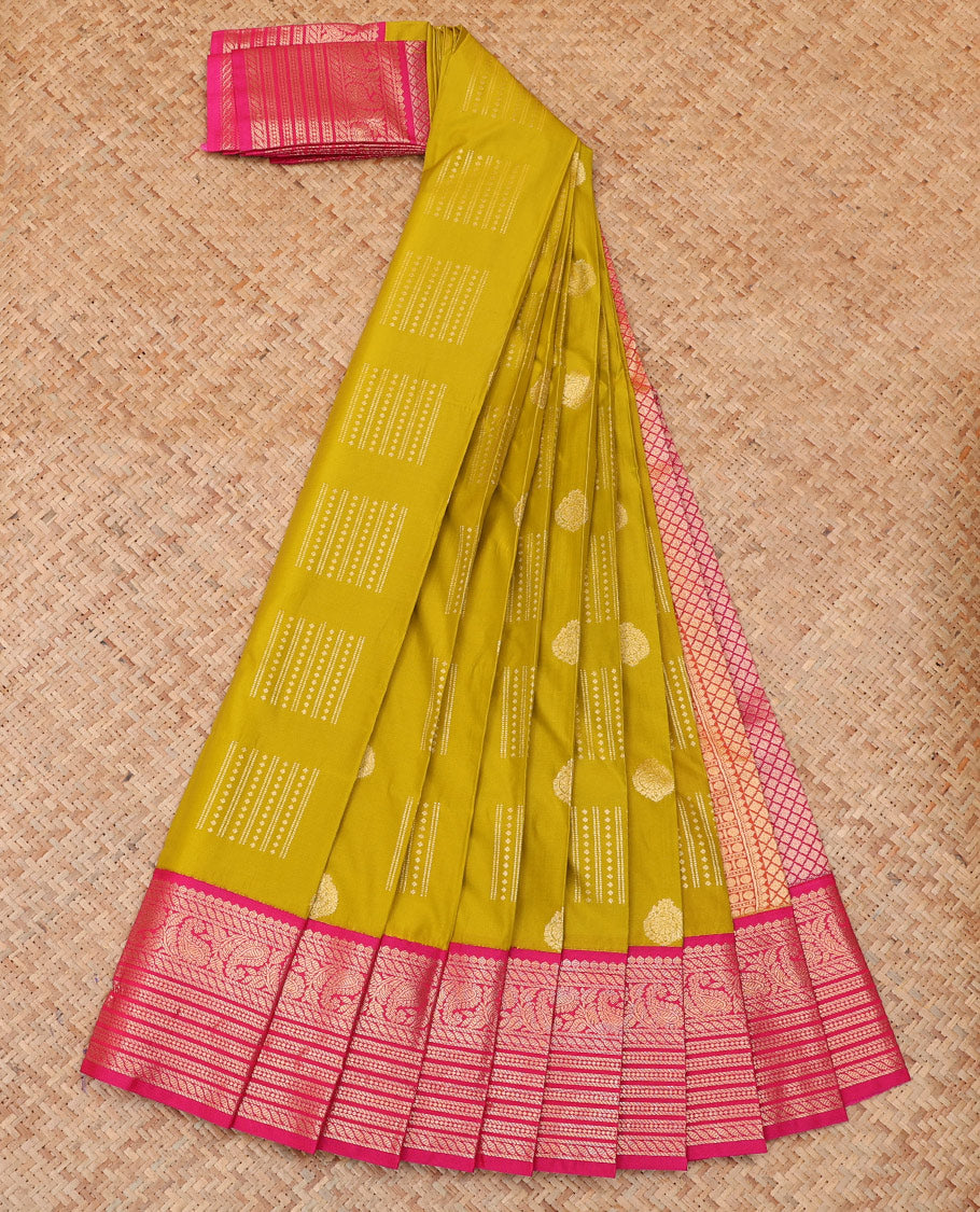 Green Budget Silk Saree, Styled with Zari Buttas, a Contrast Traditional Zari Border, Grand Pallu, and a Contrast Blouse