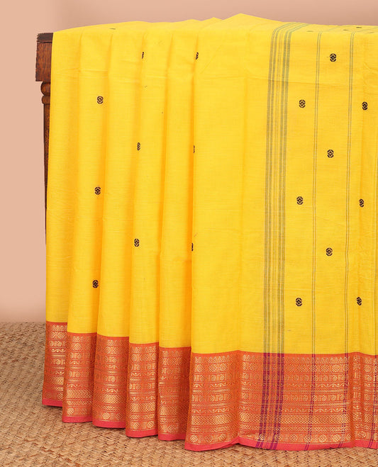 Yellow motifs chettinad cotton saree with contrast zari design border & striped, motifs pallu