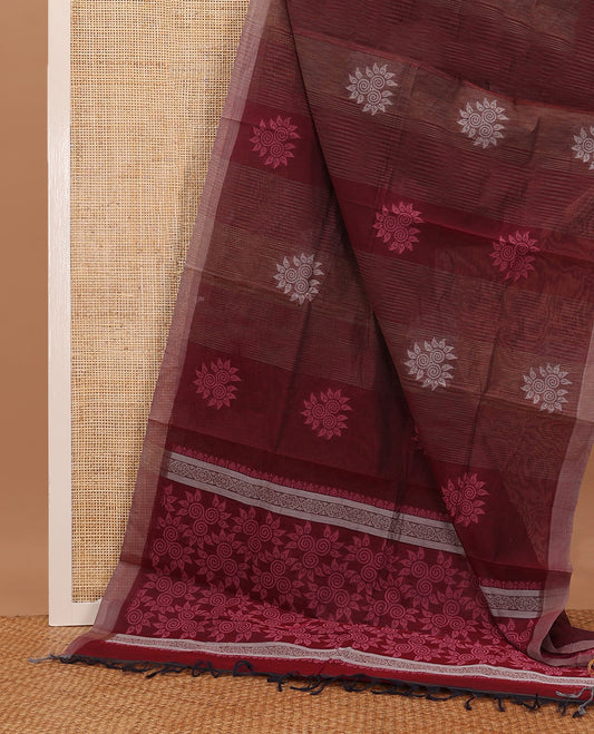Maroon geometric & floral fused buttas Coimbatore cotton saree,  contrast border & pallu mirroring the same body motifs