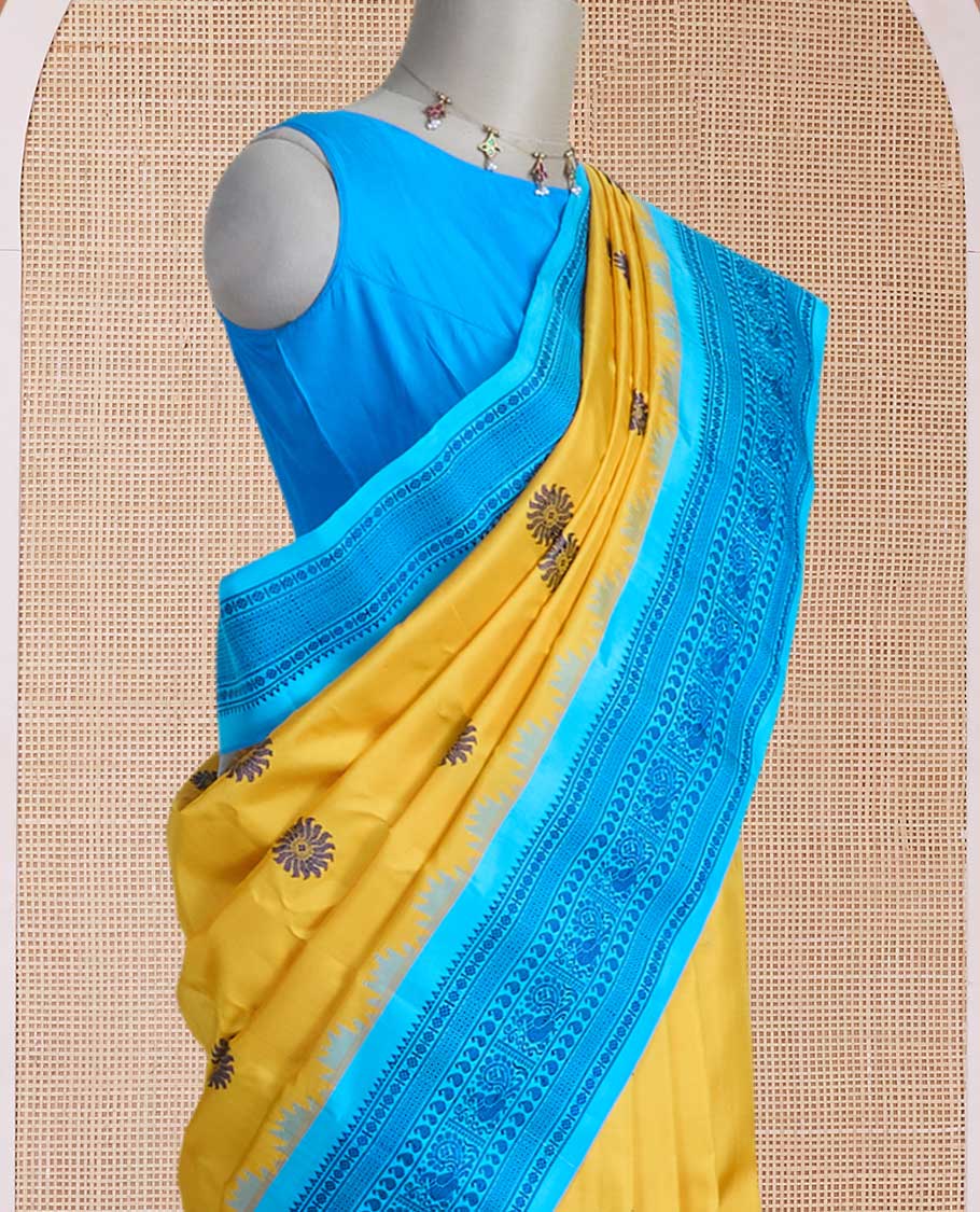 Yellow sunburst-style buttas gadwal silk saree, contrast traditional design border & pallu of jaal designs