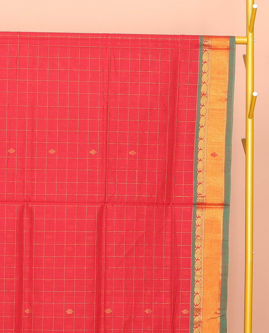Red Venkatagiri Cotton Saree Features Buttas and Checks, a Contrast Traditional Zari Border, Pallu of Stripes, and No Blouse