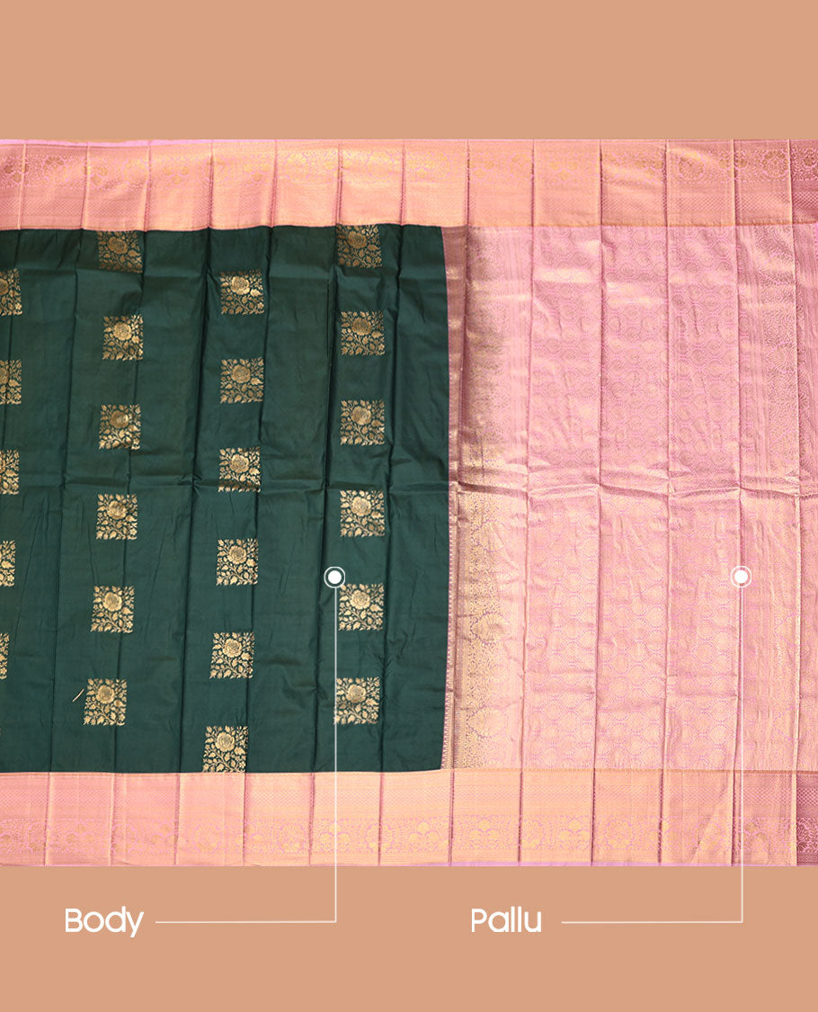 Green Budget Silk Saree, Accentuated with Zari Buttas, Complemented by Contrast Traditional Zari Border, a Grand Pallu and a Contrast Blouse