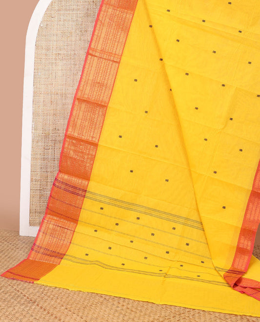 Yellow motifs chettinad cotton saree with contrast zari design border & striped, motifs pallu