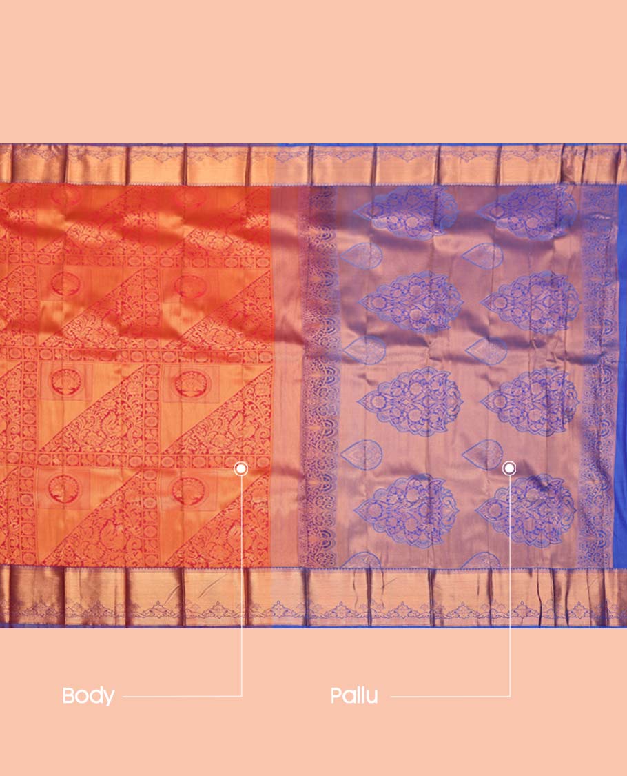 Red Budget Silk Saree, Majestically Detailed with Jacquard, Complemented by a Contrast Traditional Zari Border, Grand Pallu, and a Contrast Blouse
