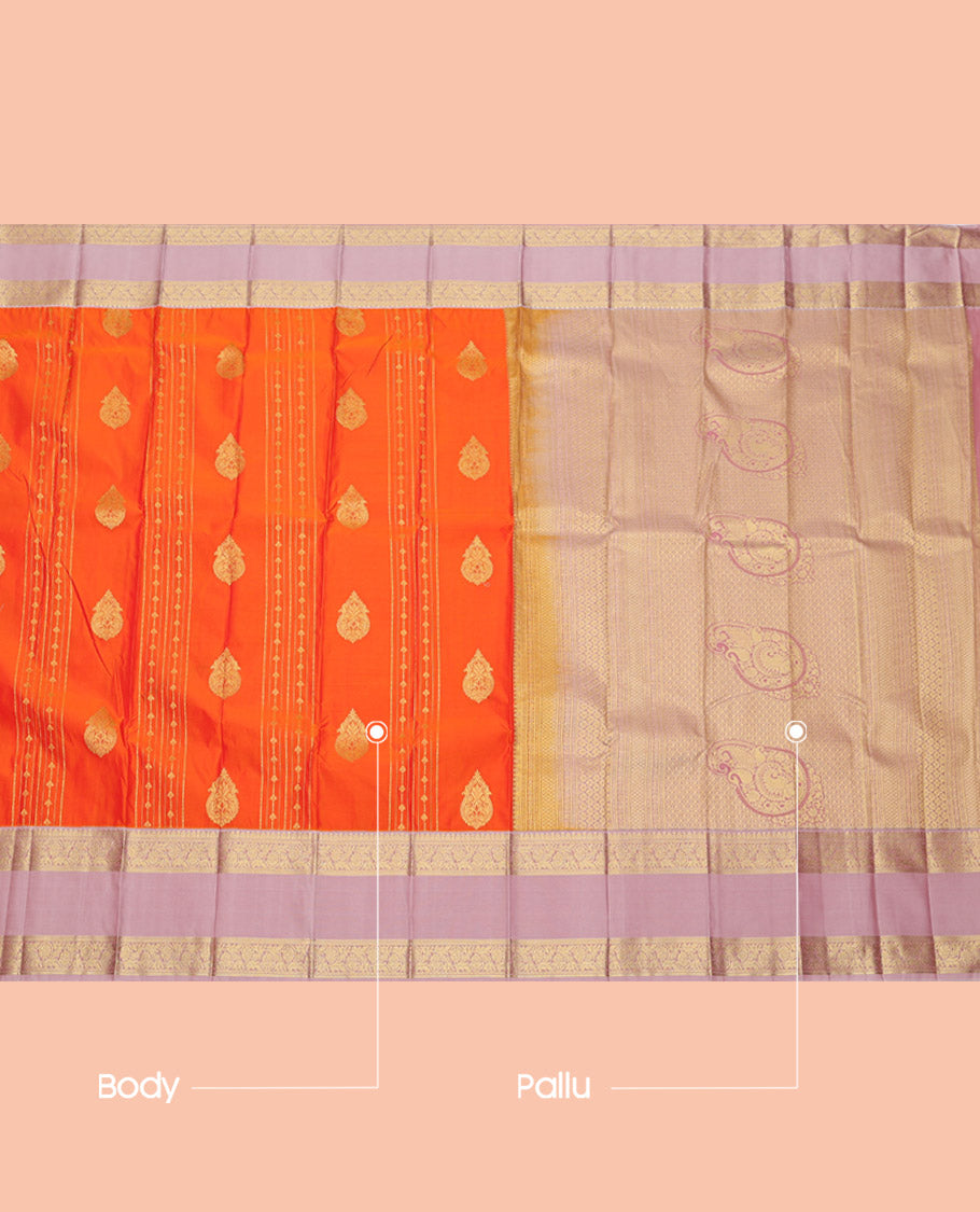 Orange Budget Silk Saree, Accentuated with Zari Designs, Complemented by a Contrast Traditional Zari Rettai Pettu Border, Grand Pallu, and a Contrast Blouse