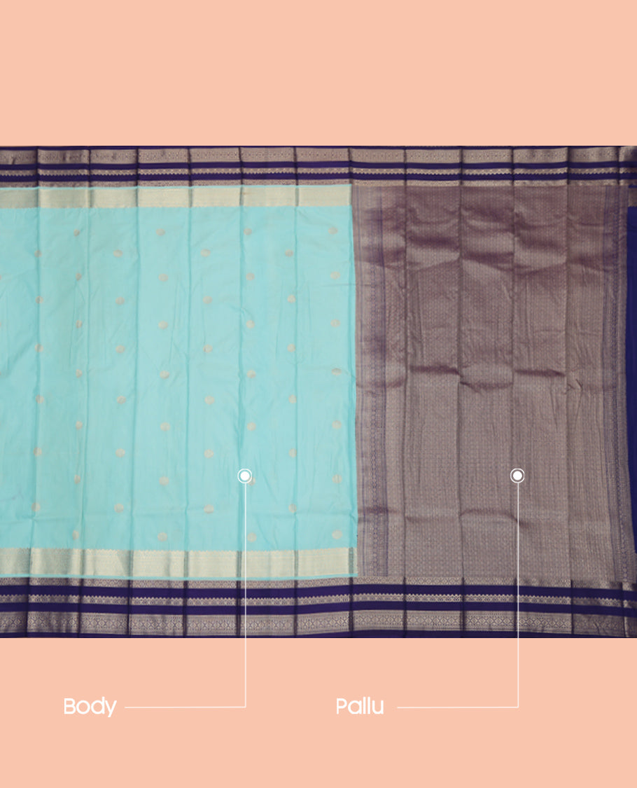 Blue Budget Silk Saree, Ornamented with Zari Buttas, Complemented by Contrast Traditional Zari Border, a Jaal Pallu and a Contrast Blouse