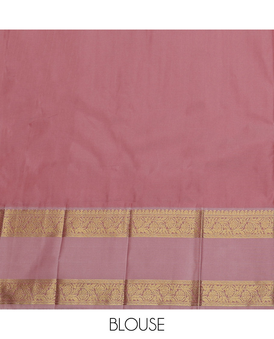 Orange Budget Silk Saree, Accentuated with Zari Designs, Complemented by a Contrast Traditional Zari Rettai Pettu Border, Grand Pallu, and a Contrast Blouse