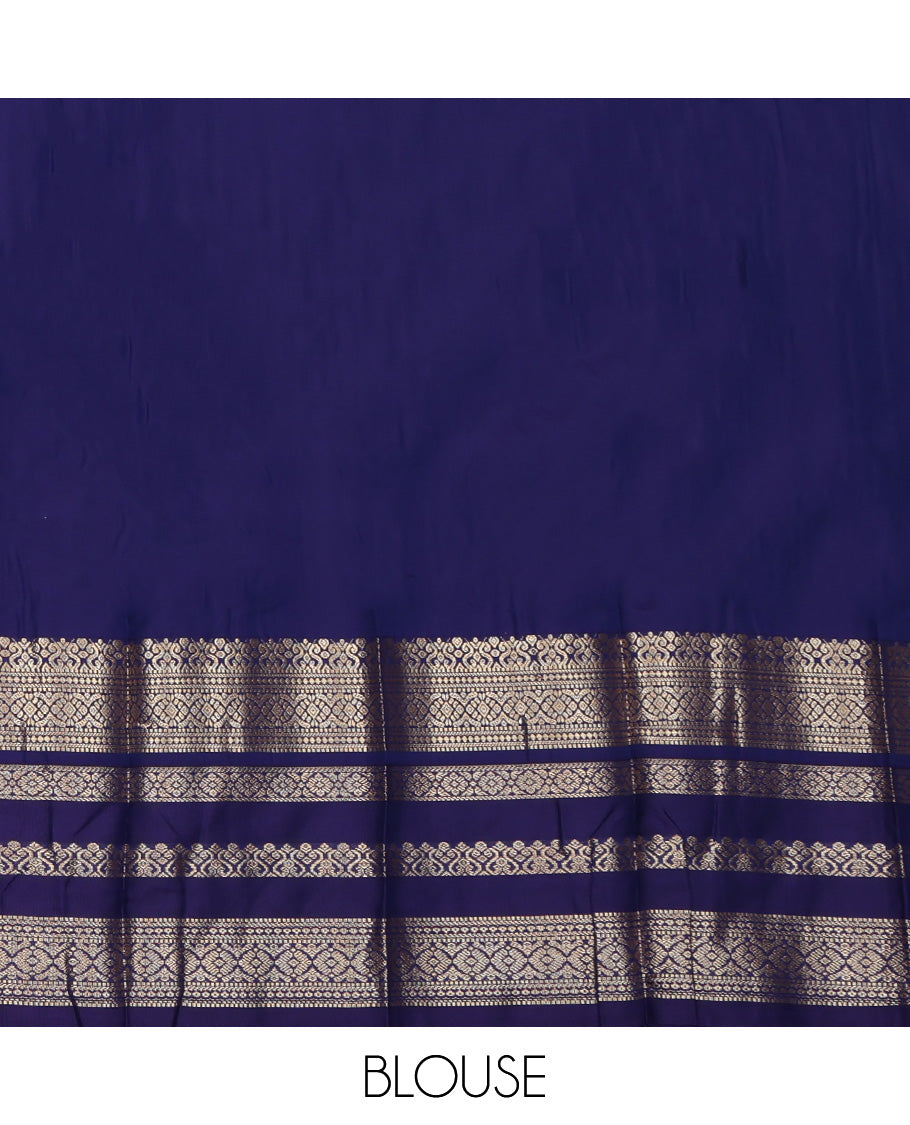 Blue Budget Silk Saree, Ornamented with Zari Buttas, Complemented by Contrast Traditional Zari Border, a Jaal Pallu and a Contrast Blouse