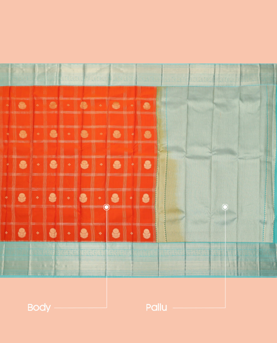 Orange Budget Silk Saree, Embellished with Zari Butta Enclosed Checks, a Contrast Traditional Zari Border, Grand Pallu, and a Contrast Blouse