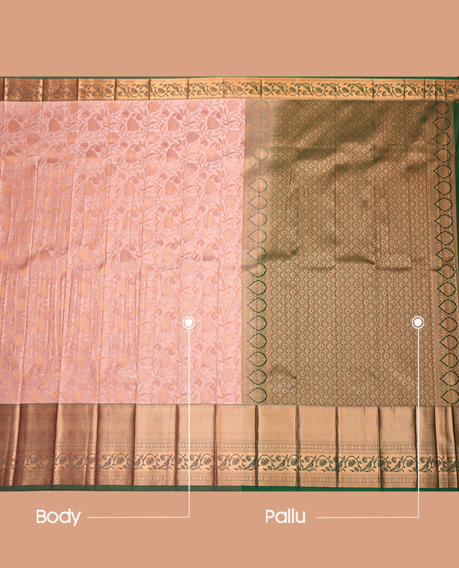 Pale Pink Budget Silk Saree, Enthralled with Jacquard Design, Complemented by a Contrast Traditional Zari Border, Jaal Pallu, and Contrast Blouse
