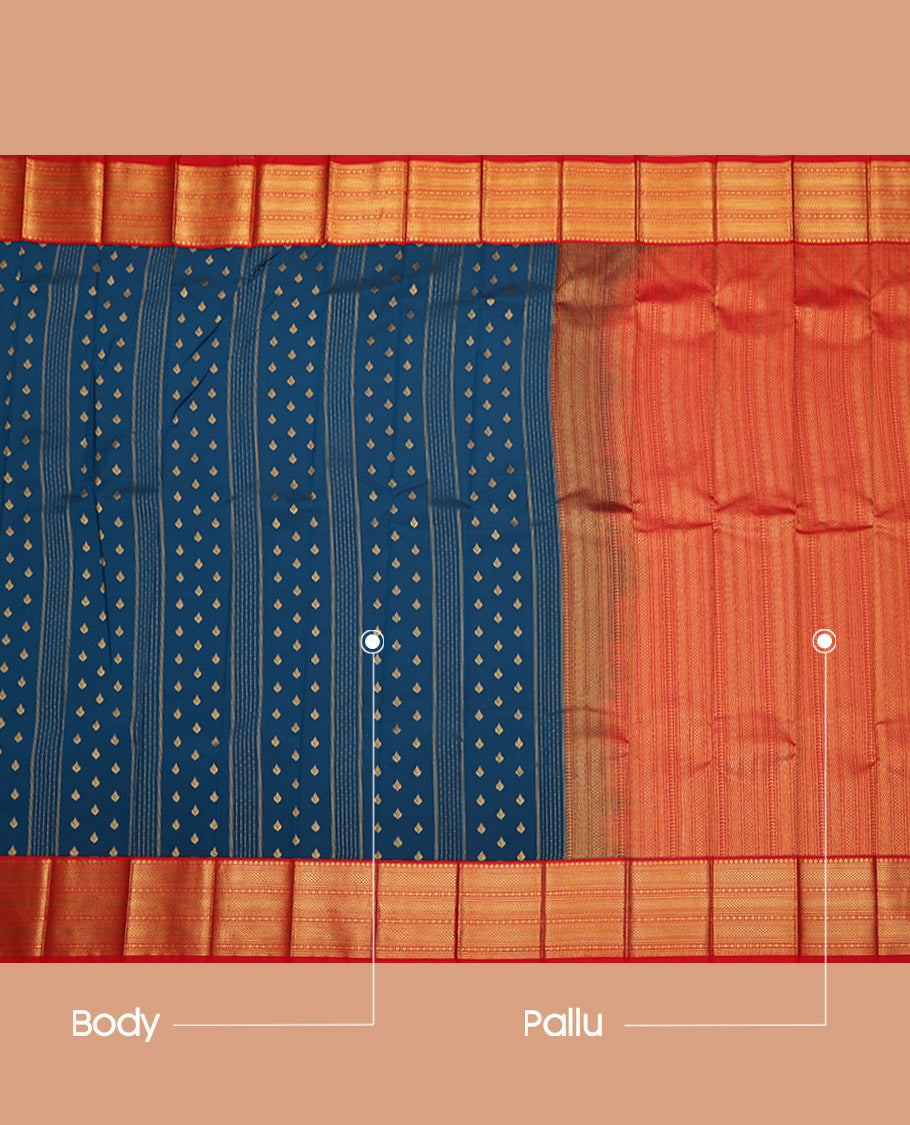 Blue Budget Silk Saree, Beautifully Bedecked with Zari Buttas on Its Body, Complemented by a Contrast Traditional Zari Design Border, Grand Geometric-Patterned Pallu, and Paired with a Contrast Blouse