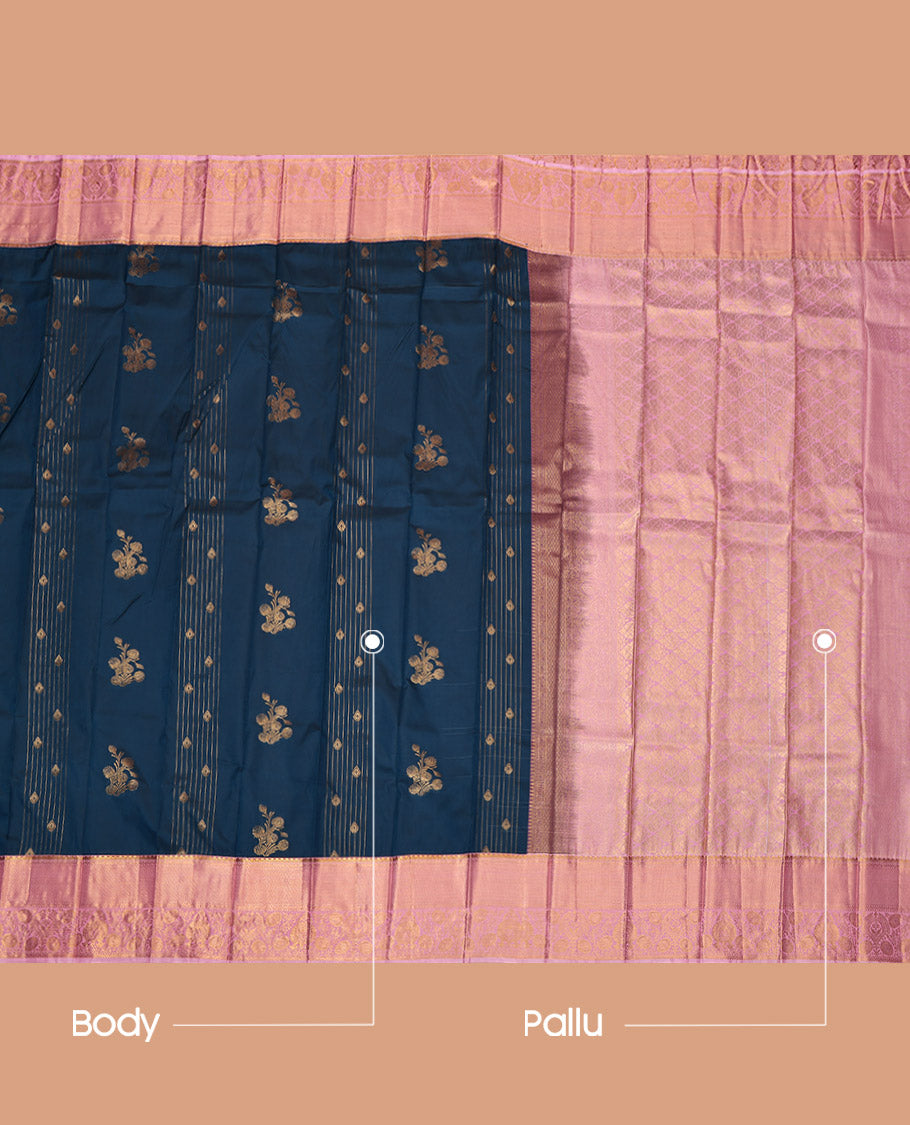 Blue Budget Silk Saree, Gleamed Up with Zari Buttas, Complemented by a Contrast Traditional Border, Jaal Pallu, and a Contrast Blouse