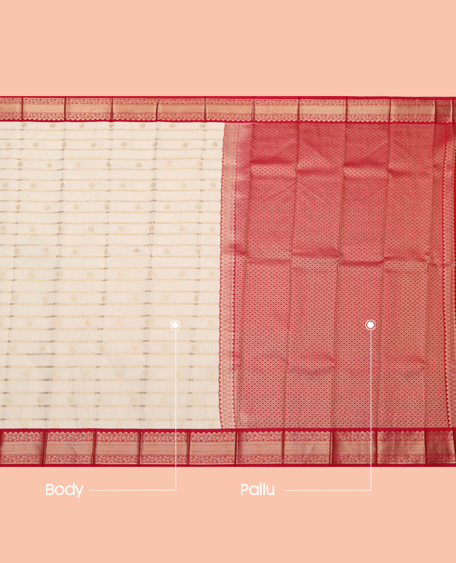Cream Budget Silk Saree, Delicately Woven with Zari Buttas and Zari Stripes All Over Its Body, Complemented by a Contrast Traditional Zari Design Border, Grand Jaal Pallu, and Paired with a Contrast Blouse