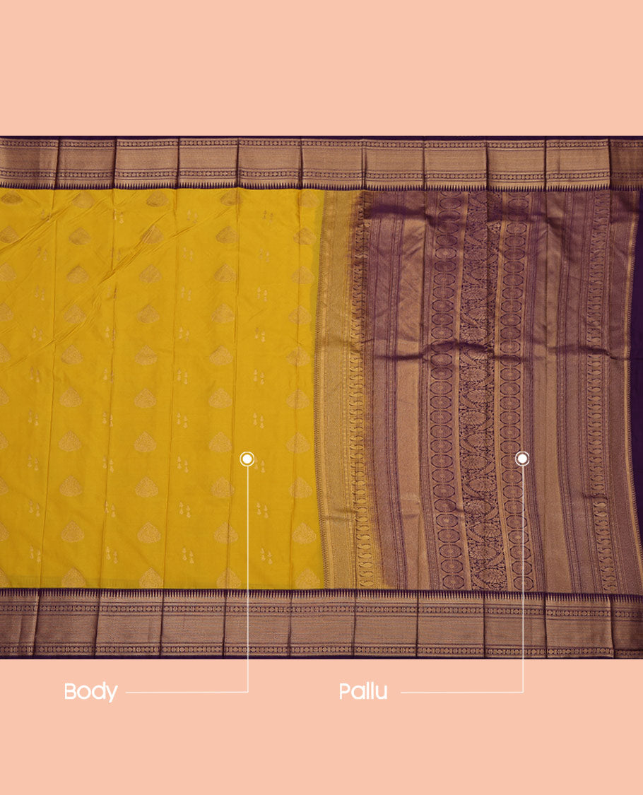 Yellow Budget Silk Saree, Subtly Sparkled with Zari Buttas on Its Body, Complemented by a Contrast Traditional Zari Design Border, Intricately Designed Pallu, and Paired with a Contrast Blouse