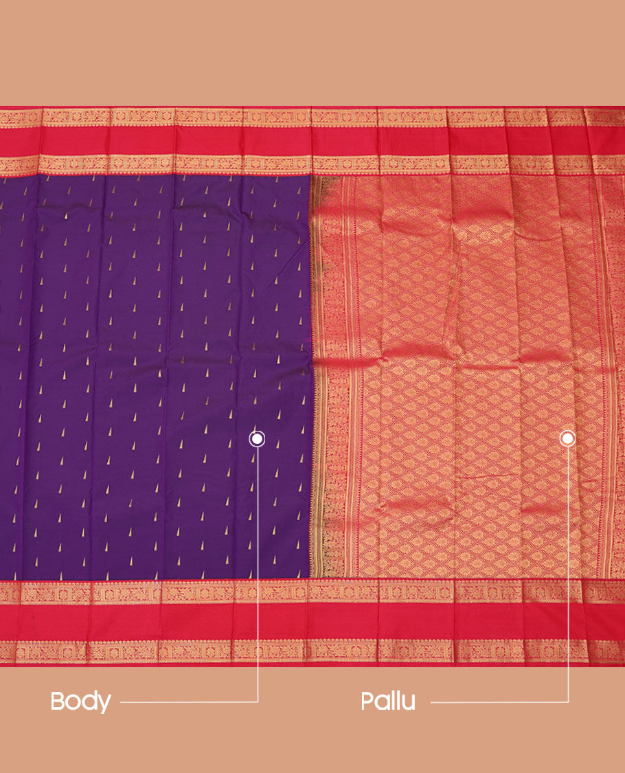 Violet Budget Silk Saree, Elevated with Zari Buttas, Complemented by Contrast Traditional Rettai Pettu Zari Border, a Grand Pallu and a Contrast Blouse
