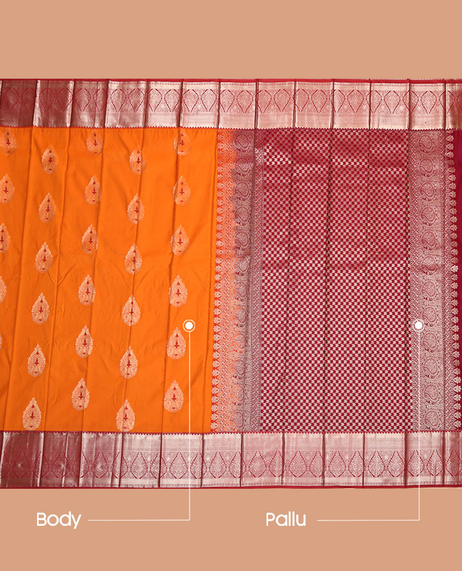 Orange Budget Silk Saree, Decorated with Zari Buttas on Its Body, Complemented by a Contrast Traditional Zari Design Border, Grand Scallop Design Pallu, and Paired with a Contrast Blouse