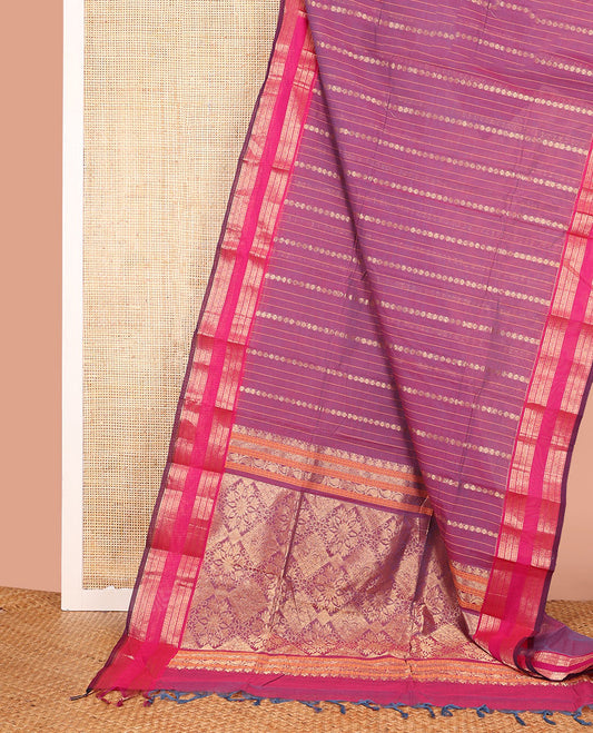 Purple Chettinad Cotton Saree Delicately Woven with Traditional Zari Designs, Complemented by Contrast Traditional Zari Rettai Pettu Woven Border, Pallu of Jaal Designs, and Paired with a Matching Blouse