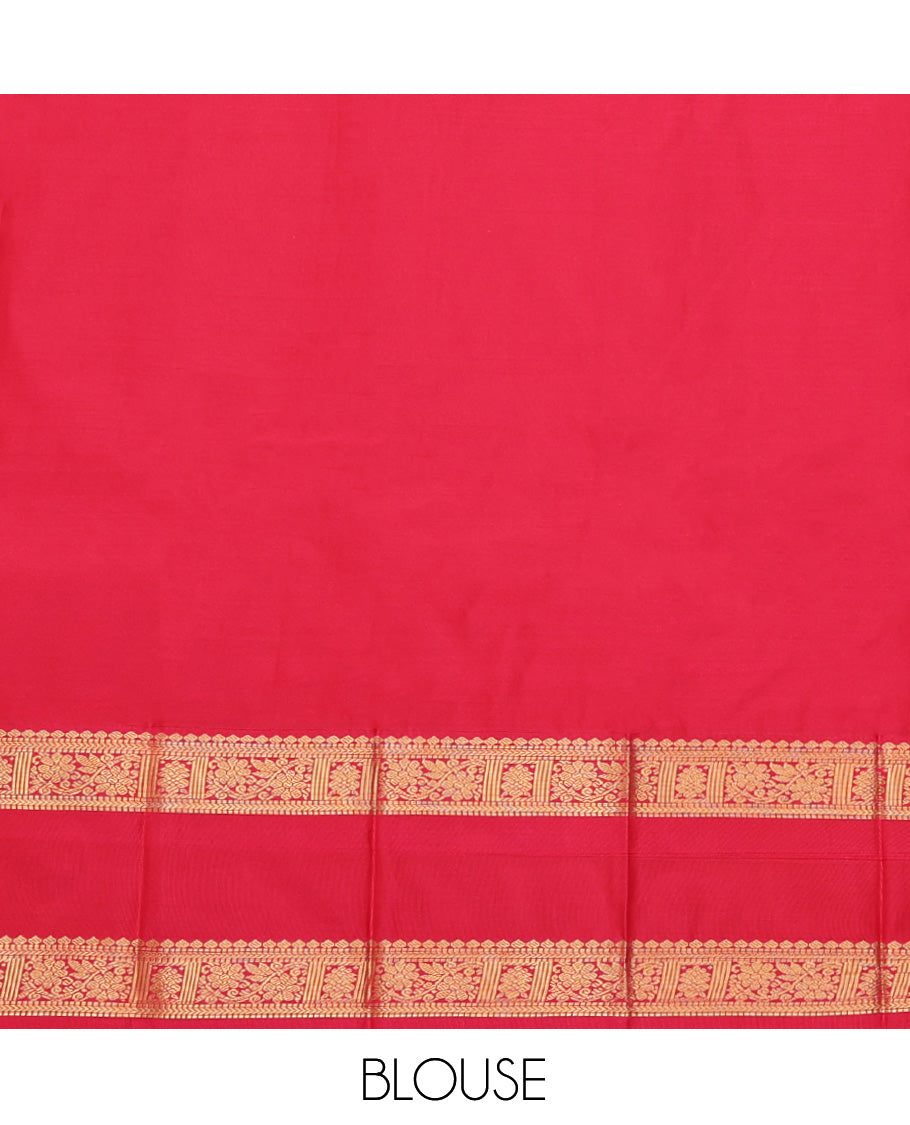 Violet Budget Silk Saree, Elevated with Zari Buttas, Complemented by Contrast Traditional Rettai Pettu Zari Border, a Grand Pallu and a Contrast Blouse