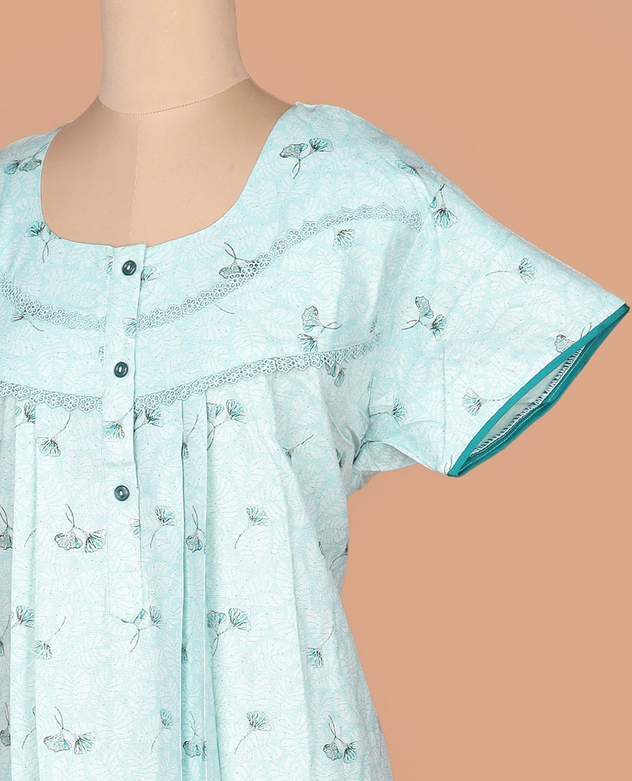 Blue floral printed round necked lace work half-sleeve cotton nighty