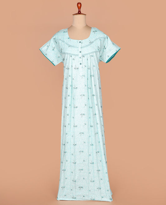 Blue floral printed round necked lace work half-sleeve cotton nighty