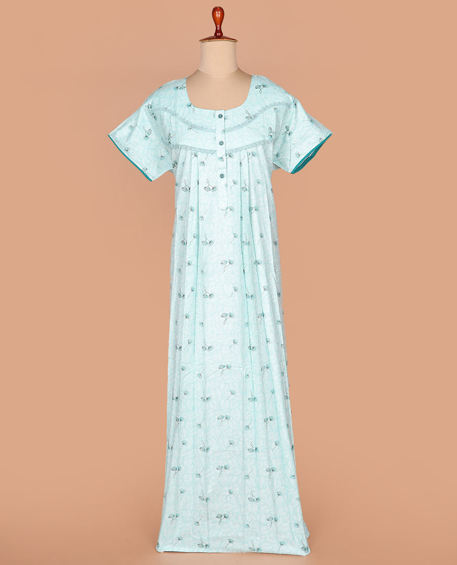 Blue floral printed round necked lace work half-sleeve cotton nighty