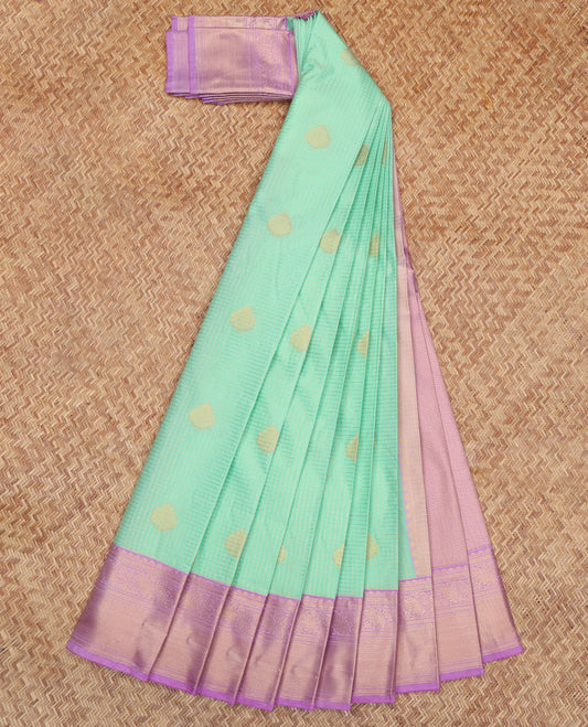 Turquoise Budget Silk Saree, Enriched with Zari Buttas and Checks, a Contrast Traditional Zari Border, Grand Pallu, and a Contrast Blouse