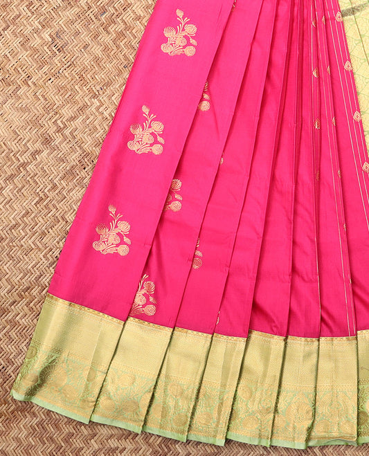 Pink Budget Silk Saree, Decorated with Zari Buttas and Stripes, Complemented by Contrast Traditional Zari Border, a Grand Pallu  and a Contrast Blouse