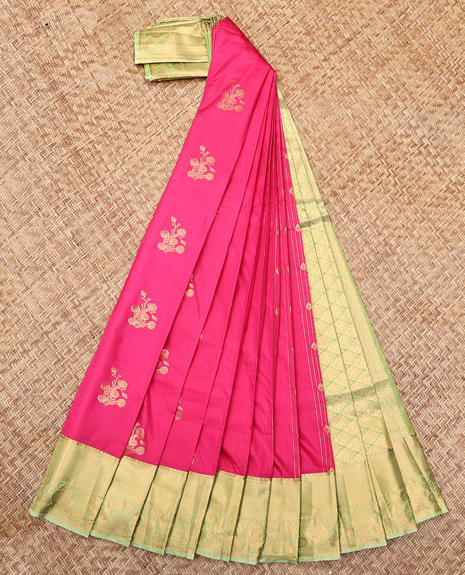 Pink Budget Silk Saree, Decorated with Zari Buttas and Stripes, Complemented by Contrast Traditional Zari Border, a Grand Pallu  and a Contrast Blouse