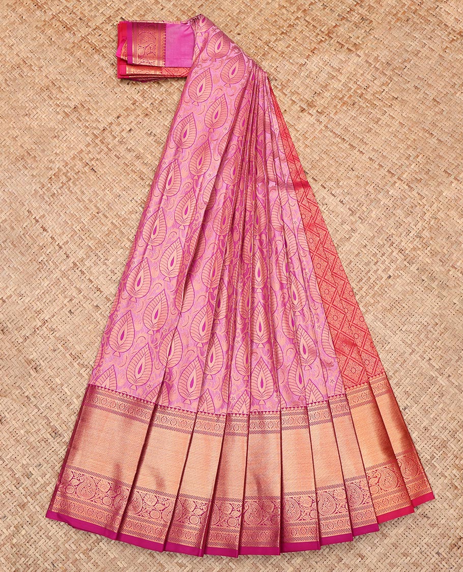 Pink Budget Silk Saree, Enriched with Jacquard Design, Complemented by a Contrast Traditional Zari Border, Jaal Pallu, and Contrast Blouse