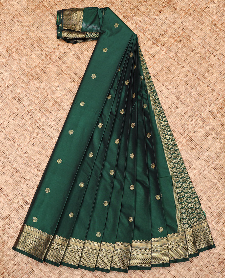 Green Budget Silk Saree Showcasing Zari Buttas, Highlighted by a Traditional Zari Border, Intricate Pallu, and a Matching Blouse