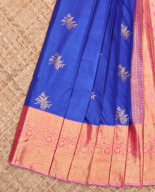 Royal Blue Budget Silk Saree, Styled with Zari Buttas, Complemented by a Contrast Traditional Border, Jaal Pallu, and a Contrast Blouse