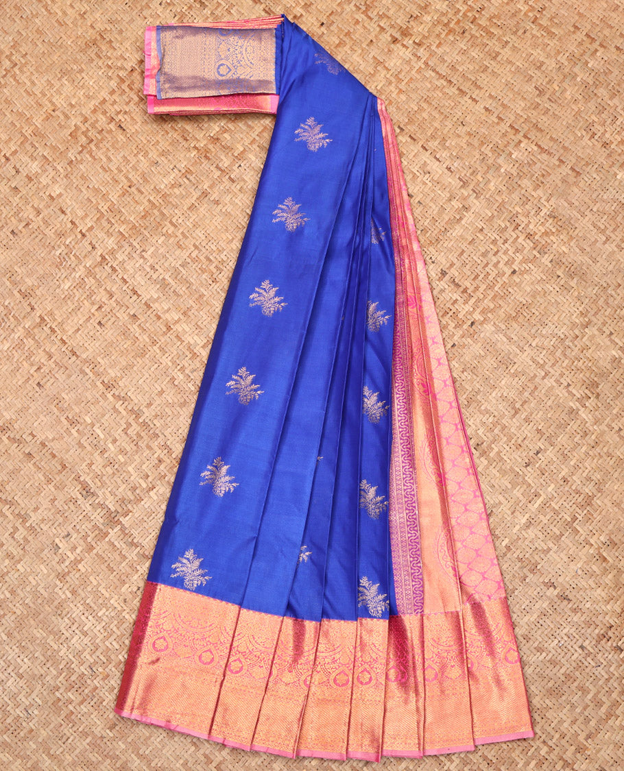 Royal Blue Budget Silk Saree, Styled with Zari Buttas, Complemented by a Contrast Traditional Border, Jaal Pallu, and a Contrast Blouse