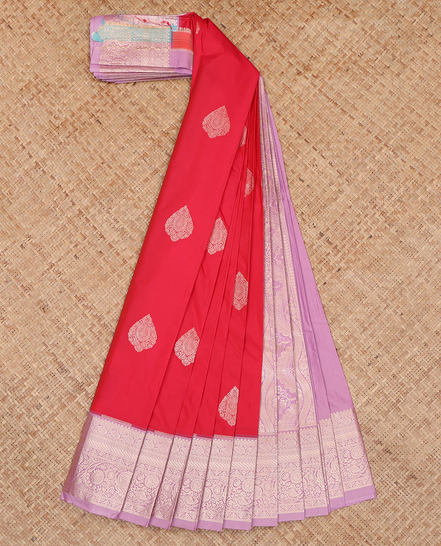 Red Budget Silk Saree, Woven with Zari Buttas, Complemented by a Contrast Traditional Zari Border, Grand Pallu, and a Contrast Blouse