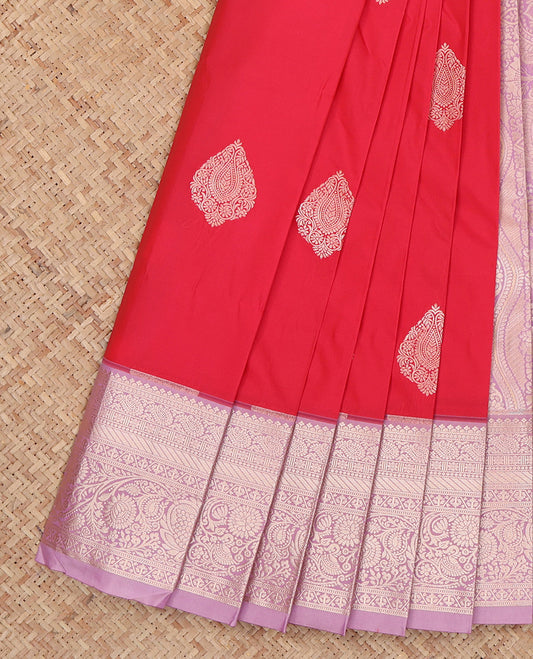 Red Budget Silk Saree, Woven with Zari Buttas, Complemented by a Contrast Traditional Zari Border, Grand Pallu, and a Contrast Blouse