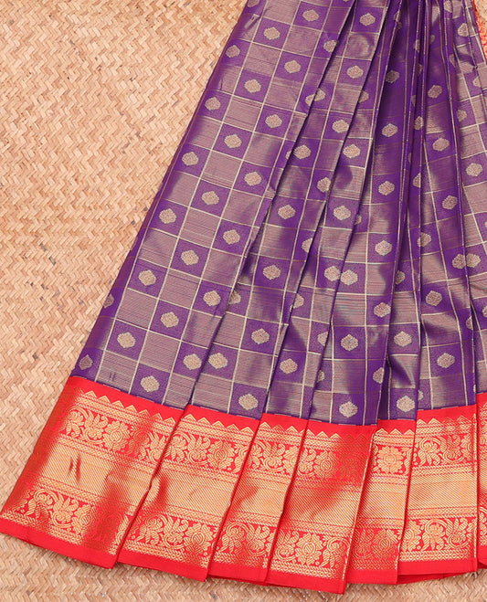 Violet Budget Silk Saree, Detailed with Zari Butta Enclosed Checks, Complemented by a Contrast Traditional Zari Border, Grand Pallu, and a Contrast Blouse